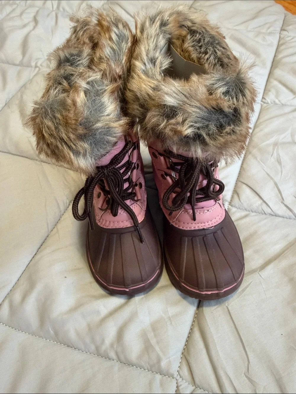 London Fog Pink and Brown Kids Snow Boots with Faux Fur Cuff